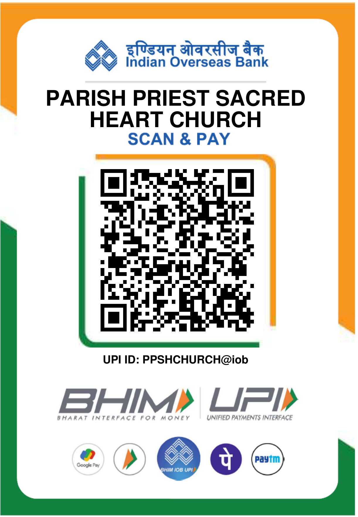 Indian Overseas Bank UPI QR code — Parish Priest Sacred Heart Church, UPI ID PPSHCHURCH@iob